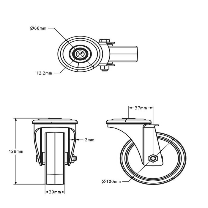 Rvs zwenkwiel 100 mm - Nylon - 150 kg