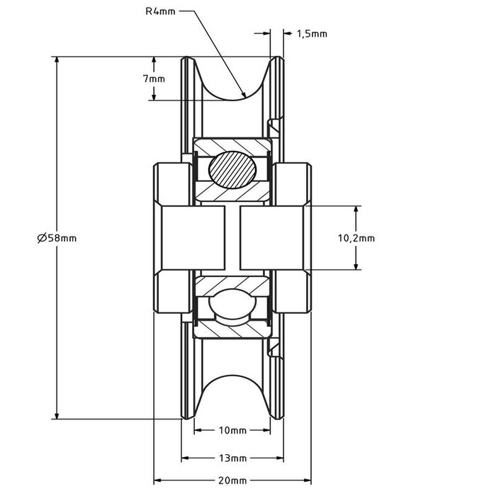 Kabelschijf 60 mm met U groef - 100 kg