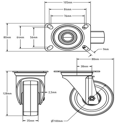 PU zwenkwiel 100 mm - kogellager - 150 kg