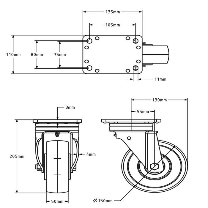 Nylon zwenkwiel 150 mm - versterkt - kogellager - 800 kg