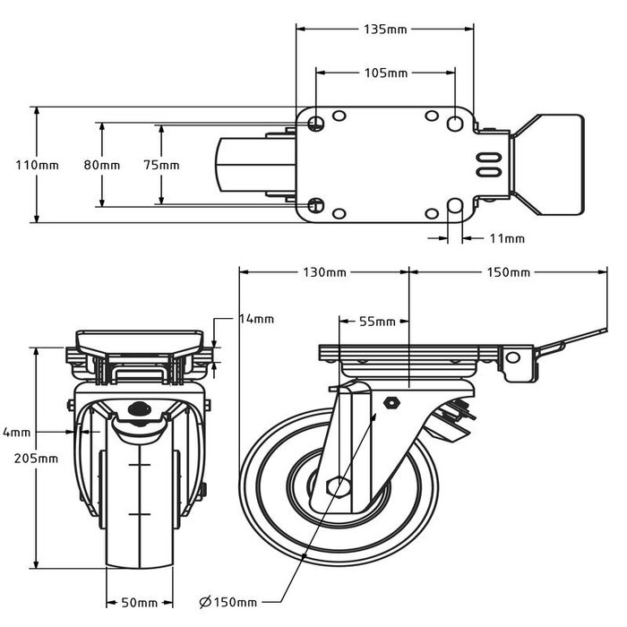 Nylon zwenkwiel met vaste rem 150 mm - versterkt - kogellager - 800 kg