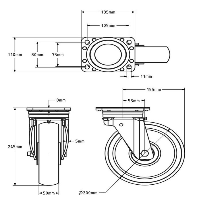 Nylon zwenkwiel 200 mm - versterkt - kogellager - 800 kg