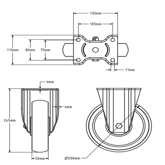 Nylon bokwiel 200 mm - versterkt - kogellager - 800 kg