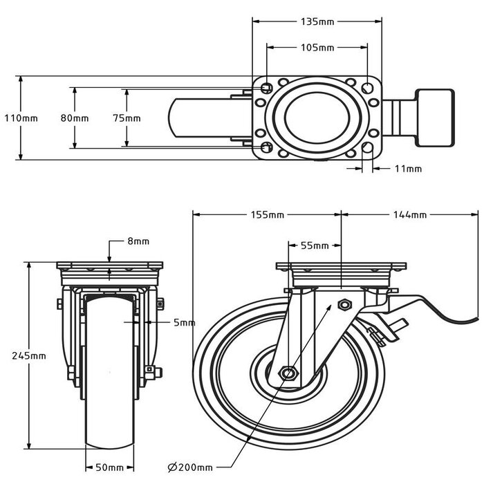 Nylon zwenkwiel met rem 200 mm - versterkt - kogellager - 800 kg