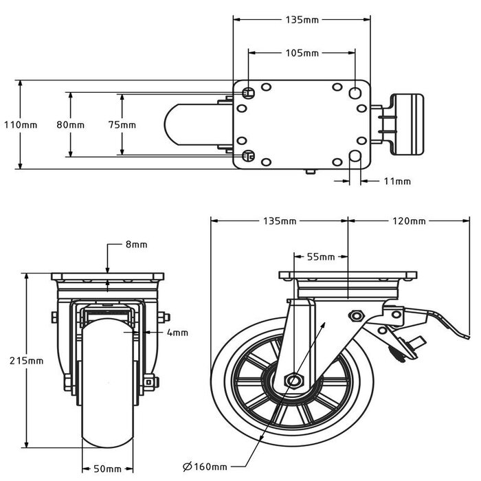 Ergonomisch PU zwenkwiel met rem 160 mm - versterkt - kogellager - 500 kg