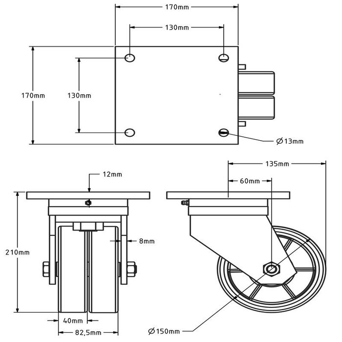 PU zwenkwiel 150 mm - kogellager - 1000 kg