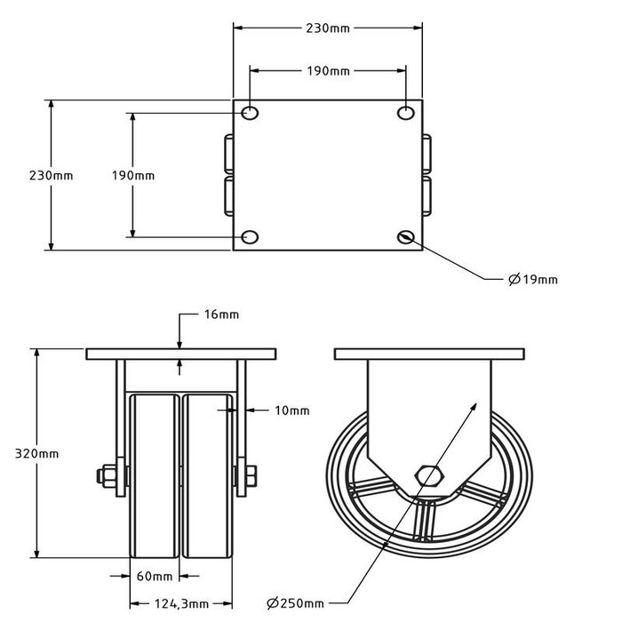 PU bokwiel 250 mm - kogellager - 2800 kg