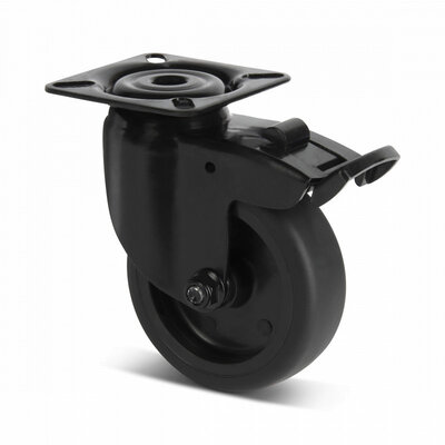 Zwart zwenkwiel met rem 75 mm - plaat - 75 kg
