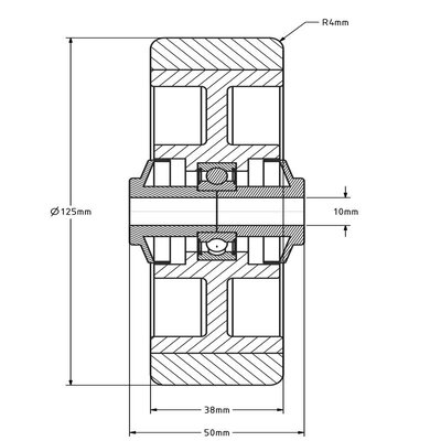 RVS PU wiel 125 mm - kogellager asgat 10 mm - 200 kg