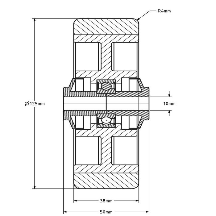RVS PU wiel 125 mm - kogellager asgat 10 mm - 200 kg