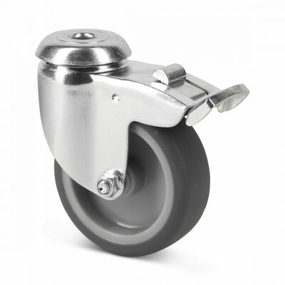 Rubber zwenkwiel met rem 75 mm - boutgat - 75 kg