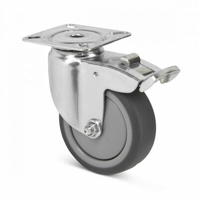 Rubber zwenkwiel met rem 75 mm - kogellager - plaat - 75 kg