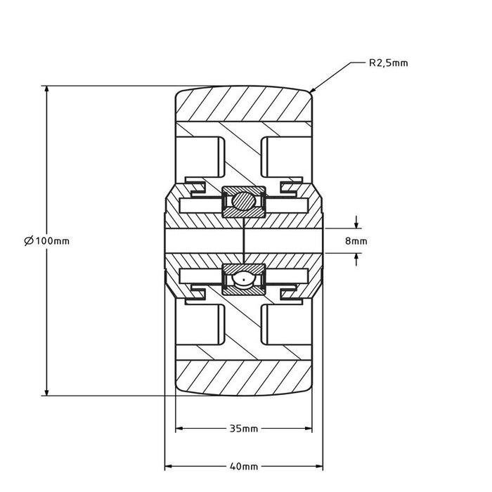 RVS PU wiel 100 mm - kogellager asgat 8 mm - 150 kg