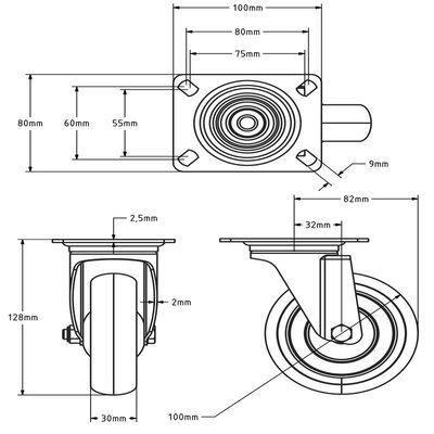 Rvs zwenkwiel 100 mm - Rubber - 80 kg