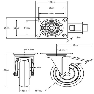 Rvs zwenkwiel 100 mm met rem - Rubber - 80 kg