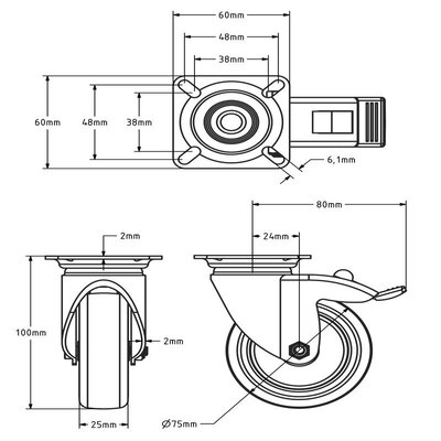 Rubber zwenkwiel met rem 75 mm - plaat - 75 kg