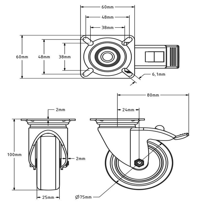 Rubber zwenkwiel met rem 75 mm - plaat - 75 kg