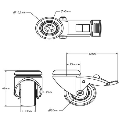 Rubber zwenkwiel met rem 50 mm - boutgat - 50  kg