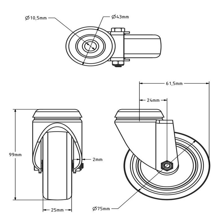 Rubber zwenkwiel 75 mm - boutgat - 75 kg