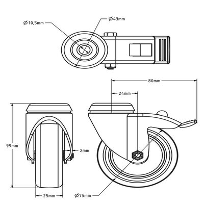 Rubber zwenkwiel met rem 75 mm - boutgat - 75 kg