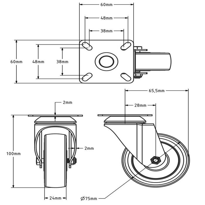 Rubber zwenkwiel 75 mm - plaat - 60 kg