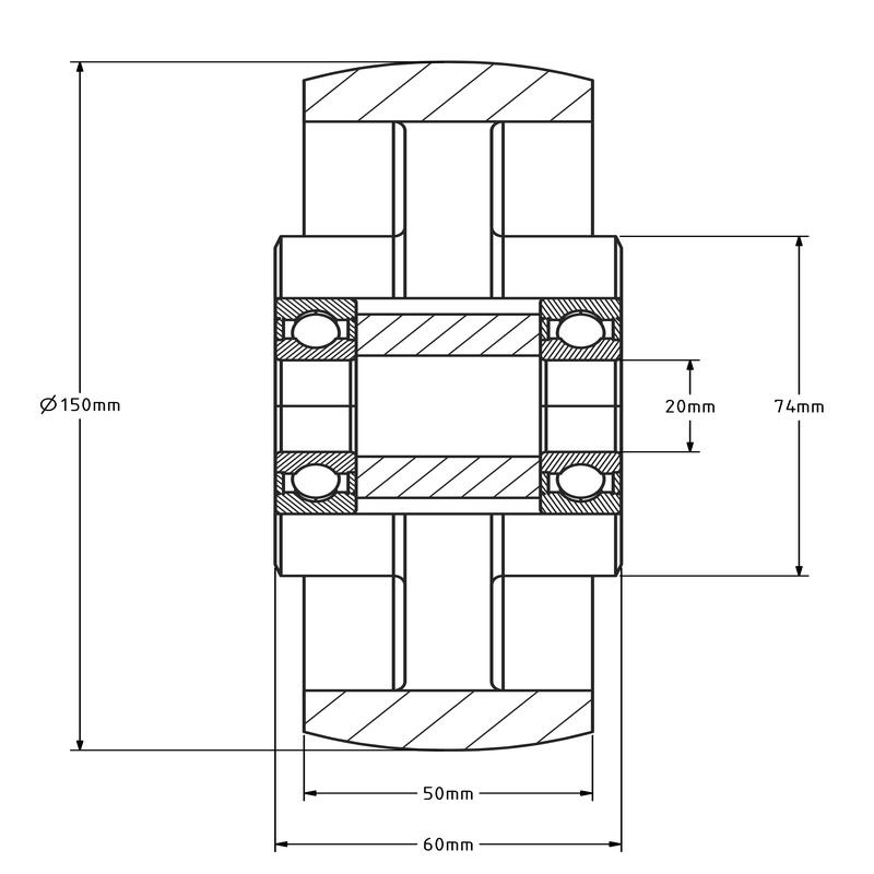 Nylon wiel 150 mm - kogellager asgat 20 mm - 900 kg
