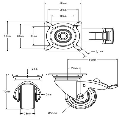 Rubber zwenkwiel met rem 50 mm - kogellager - plaat - 50 kg