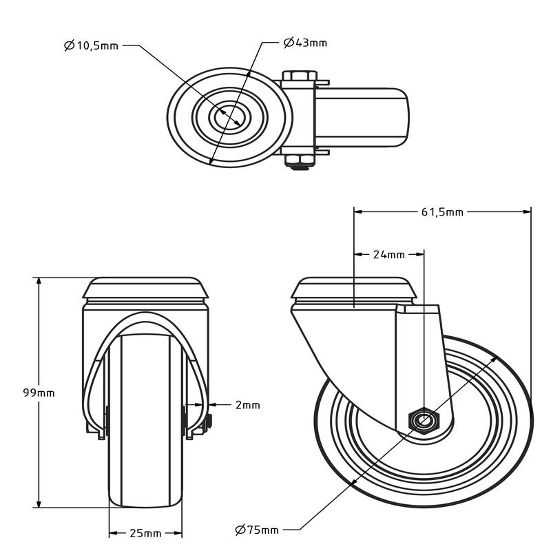 Rubber zwenkwiel 75 mm - kogellager - boutgat - 75 kg