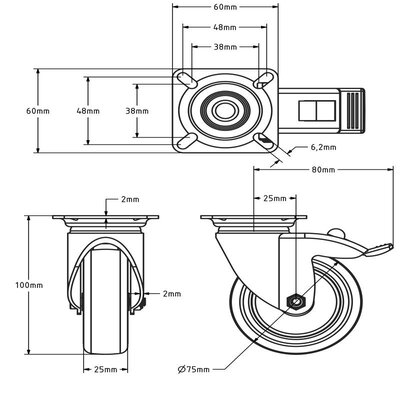 Zwart zwenkwiel met rem 75 mm - plaat - 75 kg