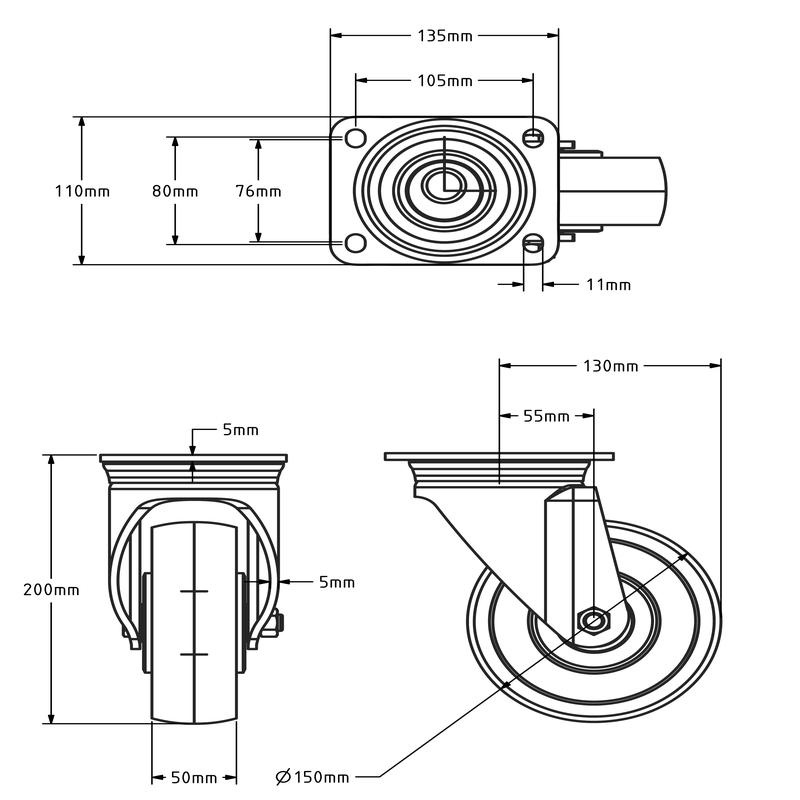 Nylon zwaarlast zwenkwiel 150 mm - 900 kg