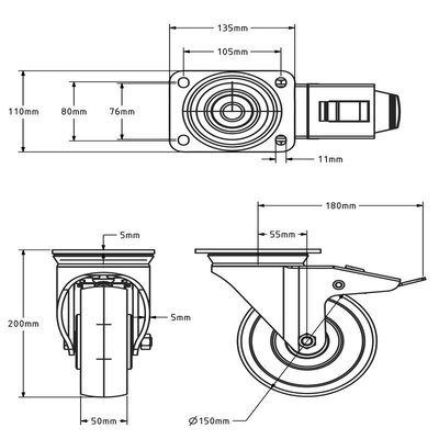 Nylon zwaarlast zwenkwiel met rem 150 mm - 900 kg