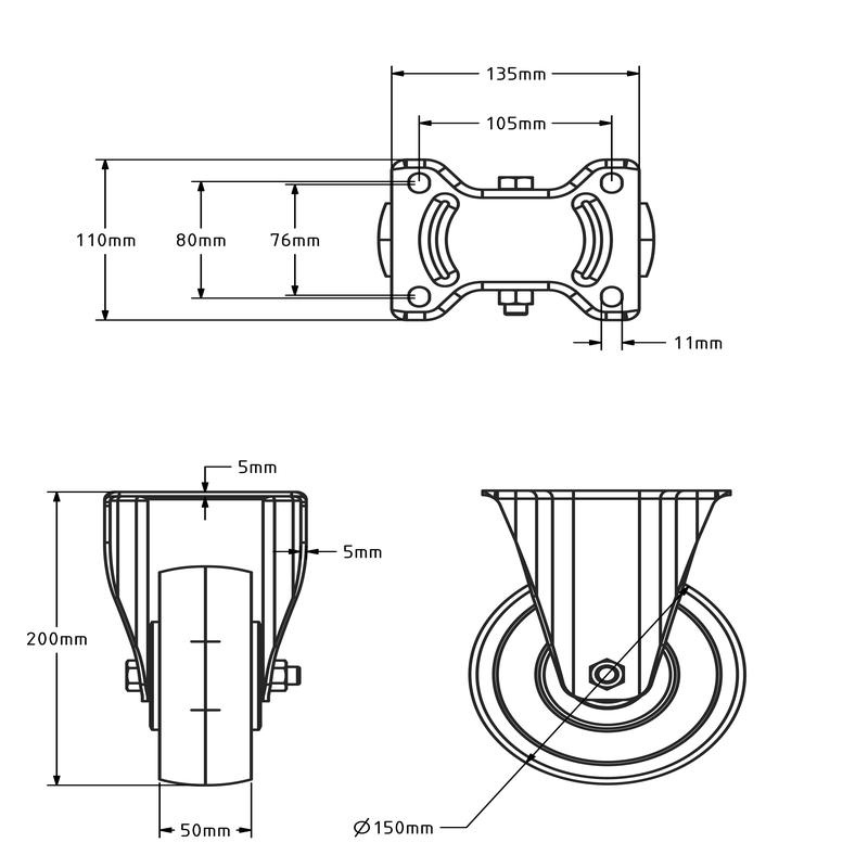 Nylon zwaarlast bokwiel 150 mm - 900 kg