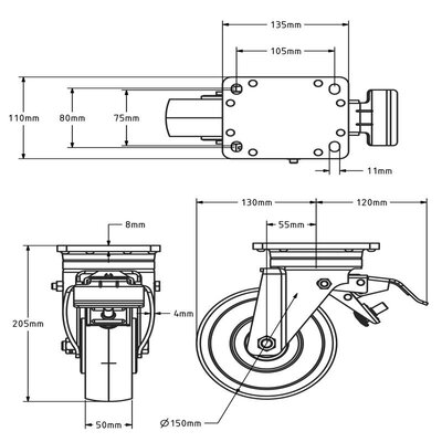 Nylon zwenkwiel met rem 150 mm - versterkt - kogellager - 800 kg