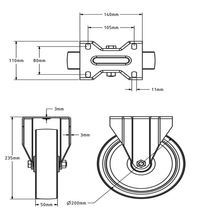 Rvs bokwiel 200 mm - rollager - 300 kg