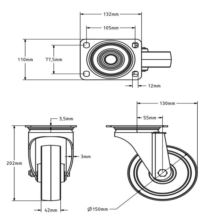 Hittebestendig zwenkwiel 150 mm - 200 kg