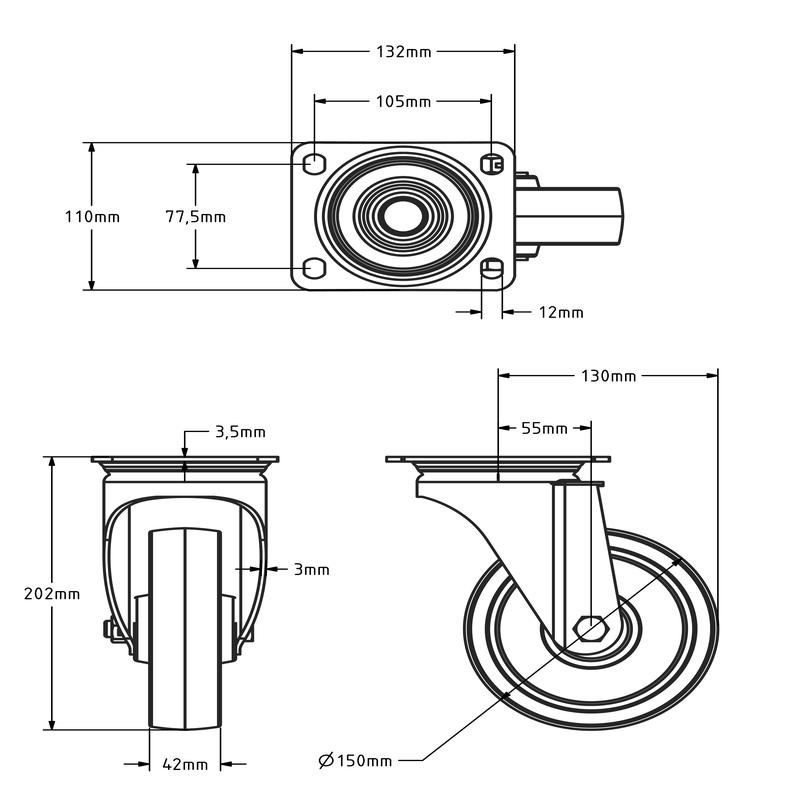 Hittebestendig zwenkwiel 150 mm - 200 kg