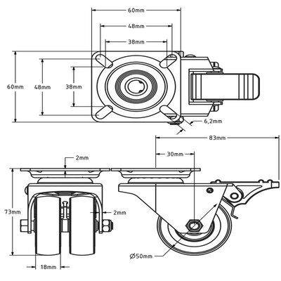 Dubbel zwenkwiel met rem 50 mm - plaat - 80 kg