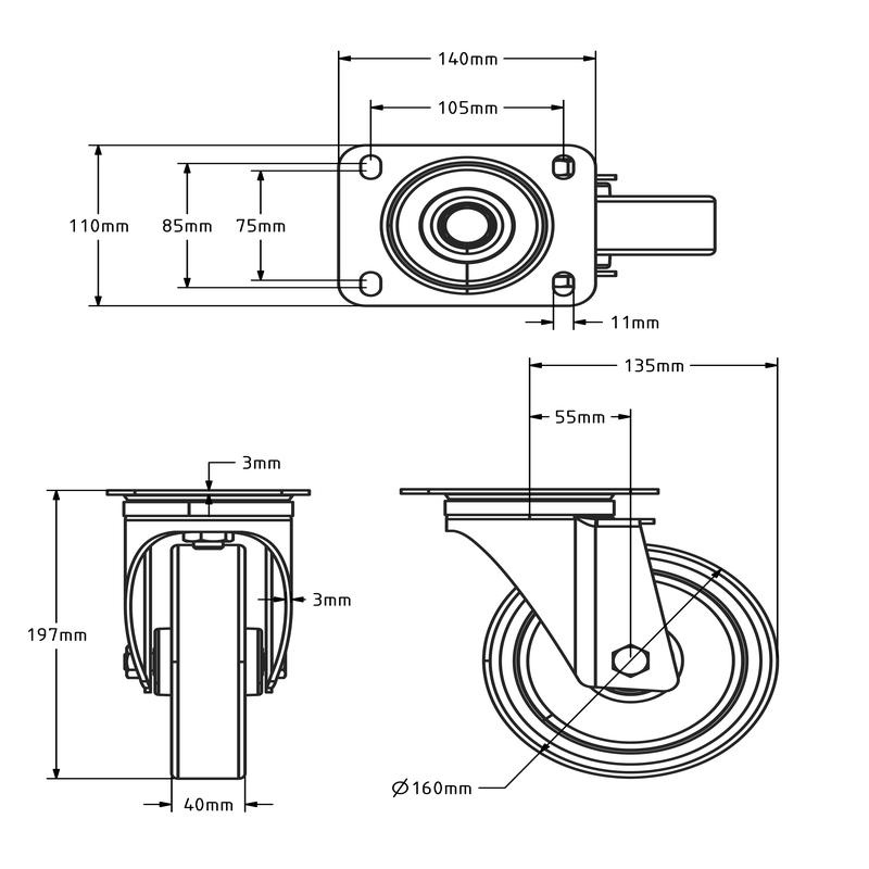 Rvs zwenkwiel 160 mm - rollager - 300 kg