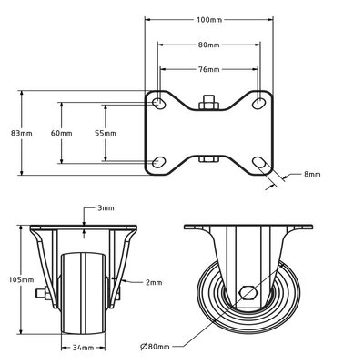 RVS PU bokwiel 80 mm - kogellager - 120 kg
