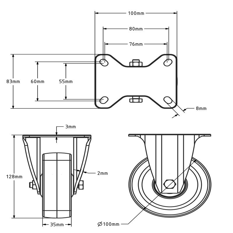 RVS PU bokwiel 100 mm - kogellager - 150 kg