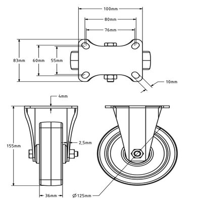 RVS PU bokwiel 125 mm - kogellager - 200 kg