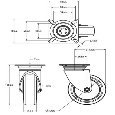 Rubber zwenkwiel 75 mm - kogellager - plaat - 75 kg -