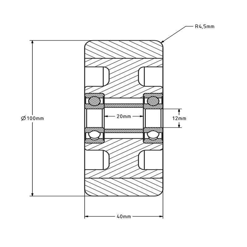 PU wiel 100 mm - kogellager asgat 12 mm - 250 kg