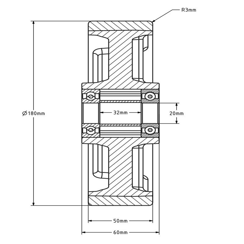 PU wiel 180 mm - kogellager asgat 20 mm - 700 kg