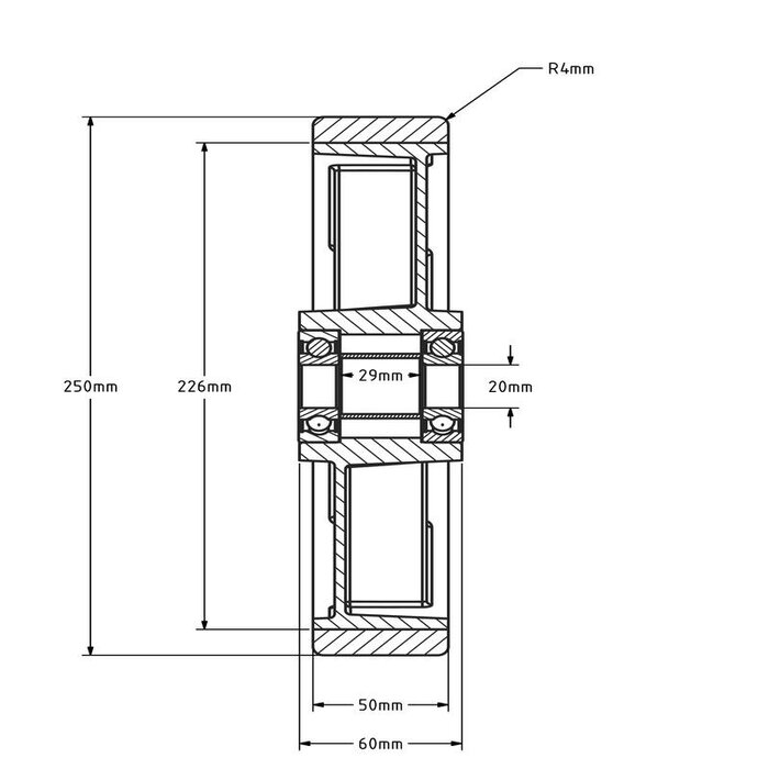 PU wiel 250 mm - kogellager asgat 20 mm - 1000 kg