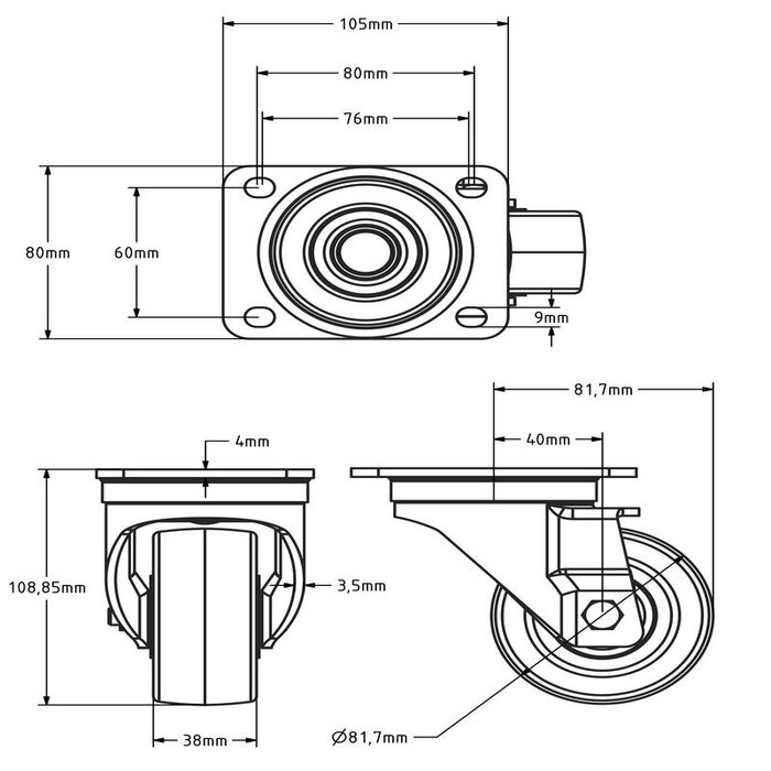 PU zwenkwiel 80 mm - kogellager - 250 kg