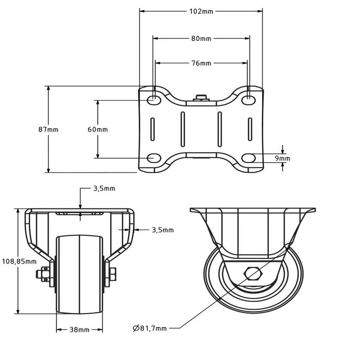 PU bokwiel 80 mm - kogellager - 250 kg