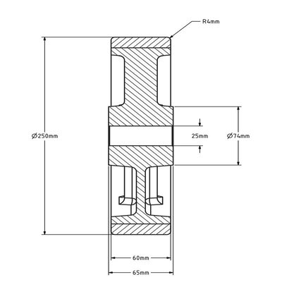 PU wiel 250 mm - kogellager asgat 25 mm - 1400 kg