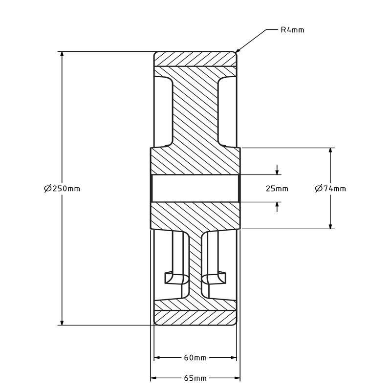 PU wiel 250 mm - kogellager asgat 25 mm - 1400 kg