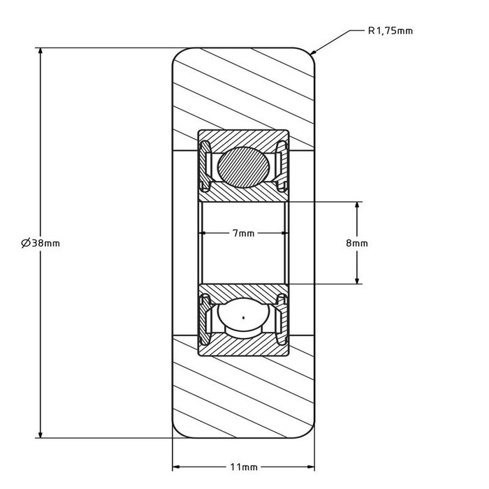 Geleiderol 38x11 mm - polyurethaan - 40 kg